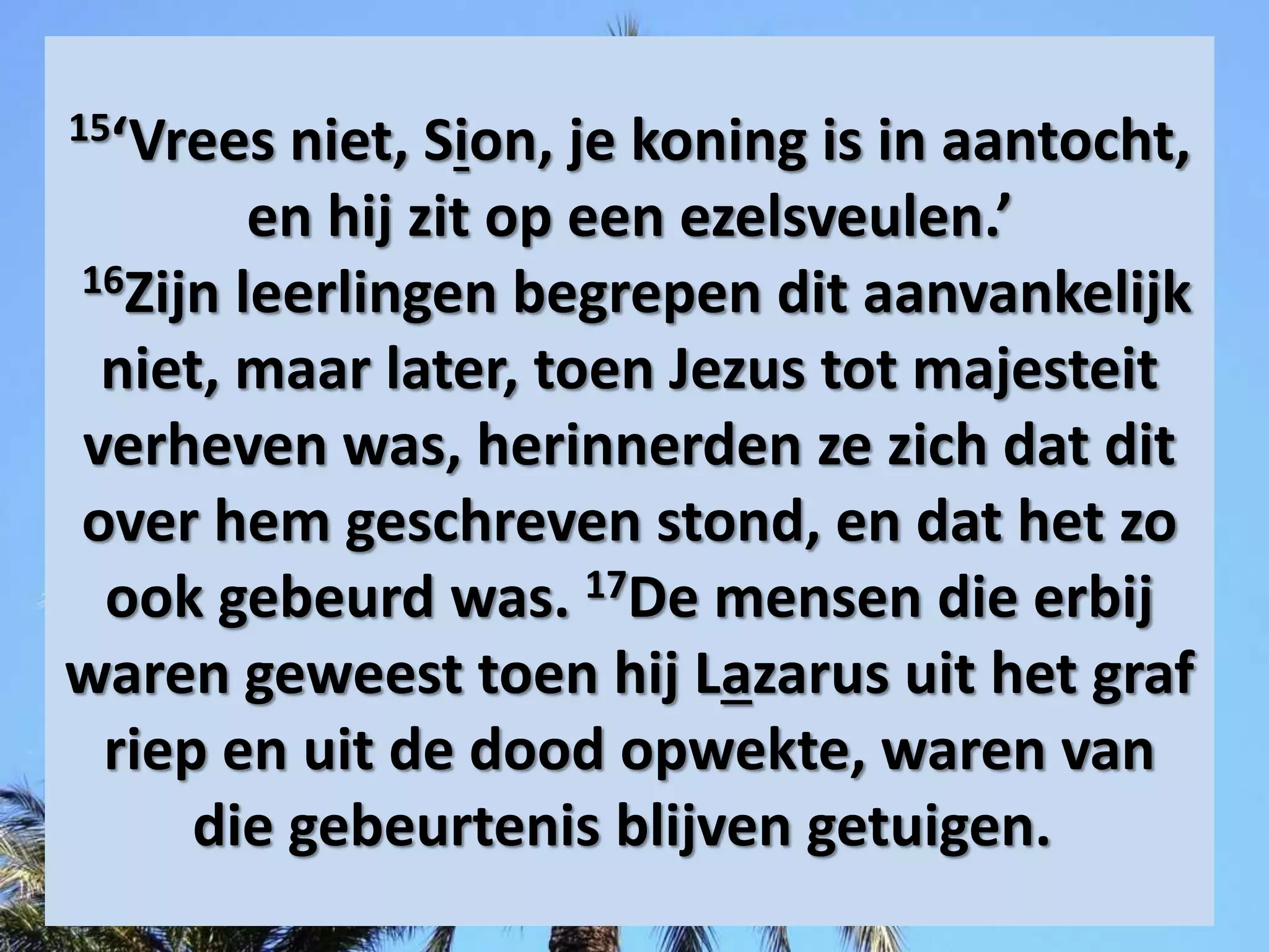 15‘Vrees niet, Sion, je koning is in aantocht,
en hij zit op een ezelsveulen.’
16Zijn ​leerlingen​ begrepen dit aanvankelijk
niet, maar later, toen ​Jezus​ tot majesteit
verheven was, herinnerden ze zich dat dit
over hem geschreven stond, en dat het zo
ook gebeurd was. 17De mensen die erbij
waren geweest toen hij ​Lazarus​ uit het ​graf​
riep en uit de dood opwekte, waren van
die gebeurtenis blijven getuigen.
 