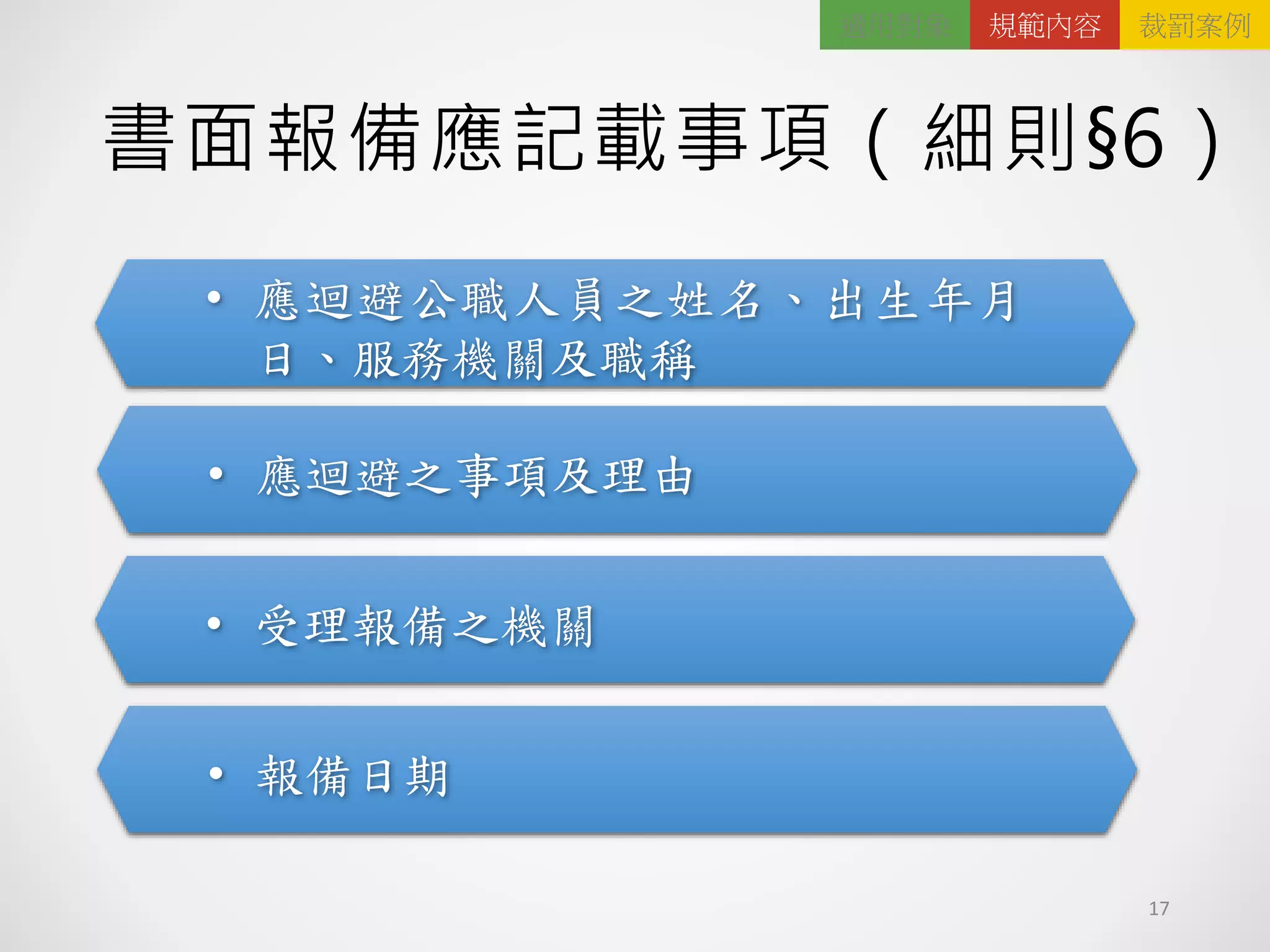 書面報備應記載事項（細則§6）
• 應迴避公職人員之姓名、出生年月
日、服務機關及職稱
• 應迴避之事項及理由
• 受理報備之機關
• 報備日期
17
適用對象 規範內容 裁罰案例
 