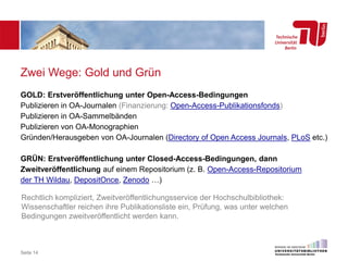 Zwei Wege: Gold und Grün
GOLD: Erstveröffentlichung unter Open-Access-Bedingungen
Publizieren in OA-Journalen (Finanzierung: Open-Access-Publikationsfonds)
Publizieren in OA-Sammelbänden
Publizieren von OA-Monographien
Gründen/Herausgeben von OA-Journalen (Directory of Open Access Journals, PLoS etc.)
GRÜN: Erstveröffentlichung unter Closed-Access-Bedingungen, dann
Zweitveröffentlichung auf einem Repositorium (z. B. Open-Access-Repositorium
der TH Wildau, DepositOnce, Zenodo …)
Seite 14
Rechtlich kompliziert, Zweitveröffentlichungsservice der Hochschulbibliothek:
Wissenschaftler reichen ihre Publikationsliste ein, Prüfung, was unter welchen
Bedingungen zweitveröffentlicht werden kann.
 