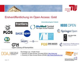 Erstveröffentlichung im Open Access: Gold
Seite 15
OA-Verlage und -Inhalte finden:
 Directory of Open Access Journals (DOAJ) http://doaj.org/
 Directory of Open Access Books (DOAB) http://www.doabooks.org/
 