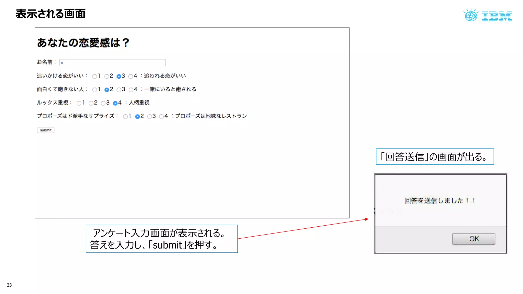 表示さ 画面
ン 入力画面 表示
答え 入力 submit 押
回答送信 画面 出
23
 