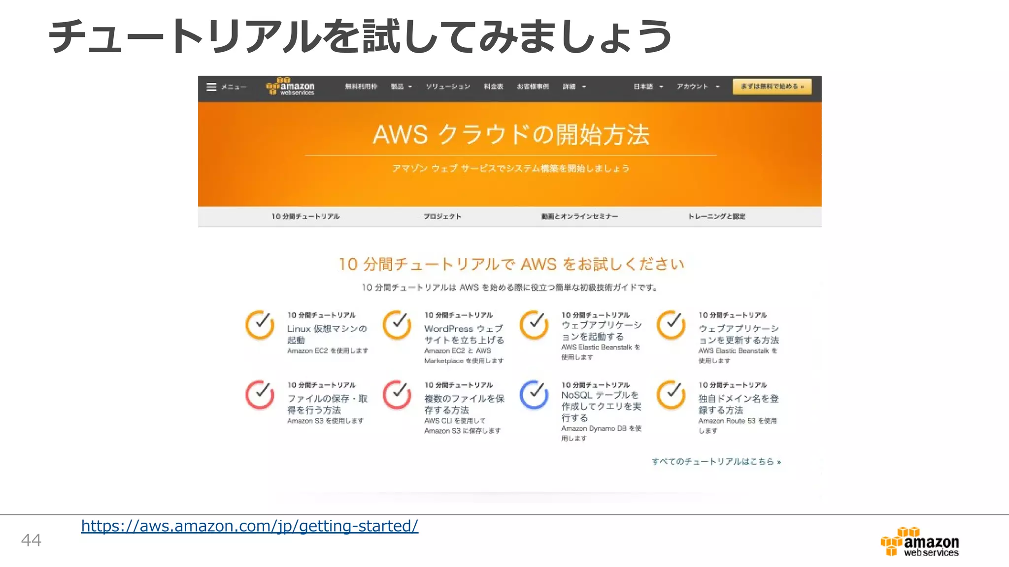 チュートリアルを試してみましょう
https://aws.amazon.com/jp/getting-started/
44
 