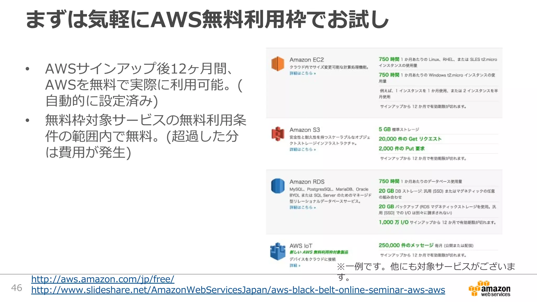 まずは気軽にAWS無料利用枠でお試し
• AWSサインアップ後12ヶ月間、
AWSを無料で実際に利用可能。(
自動的に設定済み)
• 無料枠対象サービスの無料利用条
件の範囲内で無料。(超過した分
は費用が発生)
http://aws.amazon.com/jp/free/　
http://www.slideshare.net/AmazonWebServicesJapan/aws-black-belt-online-seminar-aws-aws
※一例です。他にも対象サービスがございま
す。
46
 