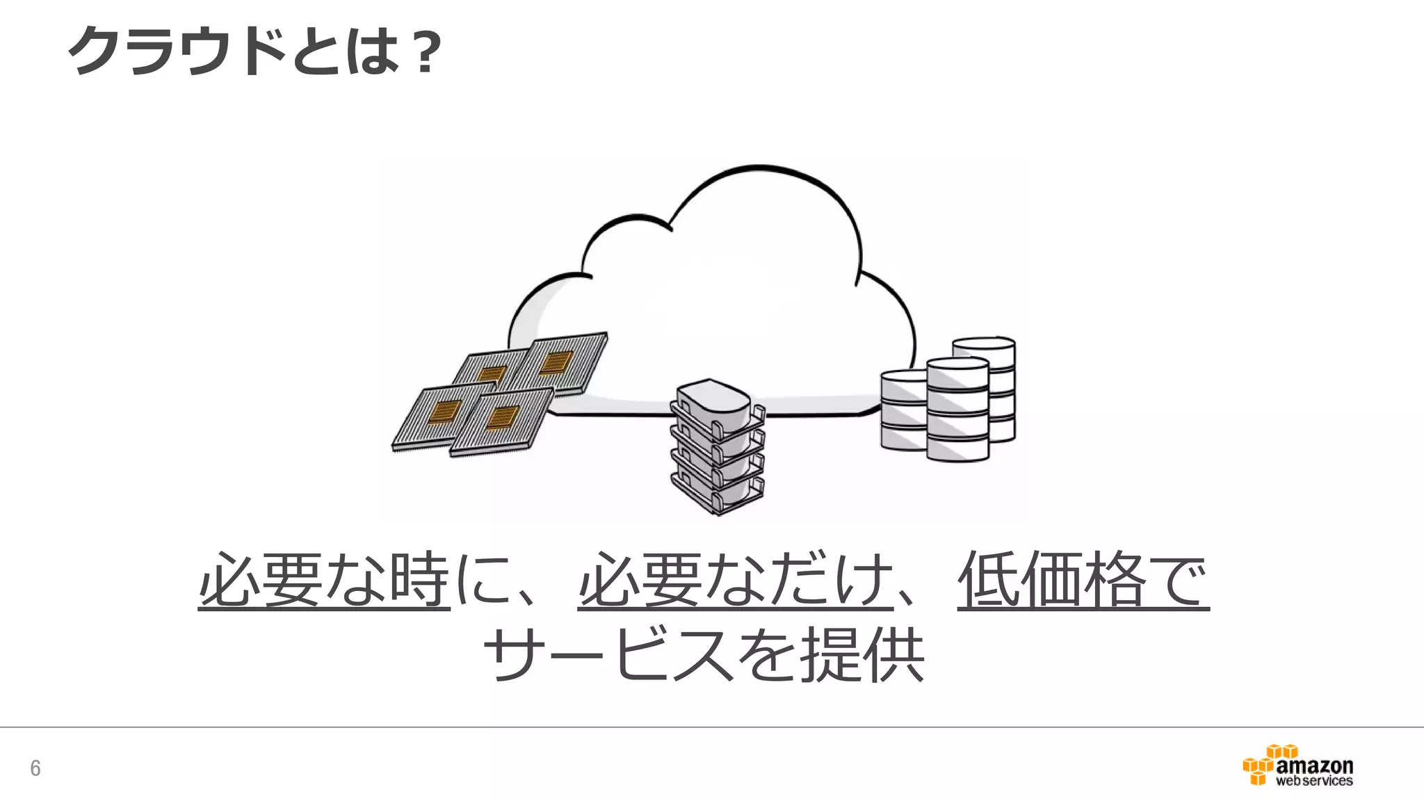 必要な時に、必要なだけ、低価格で
サービスを提供
クラウドとは？
6
 