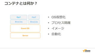コンテナとは何か？
• OS仮想化
• プロセス隔離
• イメージ
• 自動化Server
Guest OS
Bins/Libs Bins/Libs
App2App1
 