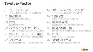 Twelve-Factor
I. コードベース
バージョン管理される1つのコードベースと複数デプロイ
II. 依存関係
依存関係を明示的に宣言し分離する
III.設定
設定を環境変数に格納する
IV.バックエンドサービス
バックエンドサービスをアタッチされたリソースとして扱う
V. ビルド、リリース、実行
ビルド、リリース、実行の3つのステージを厳密に分離する
VI.プロセス 　　
アプリを1つ又は複数のステートレスなプロセスとして実行
VII.ポートバインディング
ポートバインディングを通してサービスを公開する
VIII.並行性
プロセスモデルによってスケールアウトする
IX. 廃棄容易性
高速な起動とグレースフル停止で堅牢性を最大化する
X. 開発/本番一致
開発、ステージング、本番環境をできるだけ一致させた状態を保つ
XI. ログ
ログをイベントストリームとして扱う
XII.管理プロセス
管理タスクを1回限りのプロセスとして実行する
 