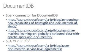 https://azure.microsoft.com/ja-jp/blog/announcing-
new-capabilities-of-hdinsight-and-documentdb-at-
strata/
https://azure.microsoft.com/ja-jp/blog/real-time-
machine-learning-on-globally-distributed-data-with-
apache-spark-and-documentdb/
https://azure.microsoft.com/ja-jp/blog/azure-
documentdb-service-level-agreements/
 