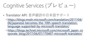 https://blogs.msdn.microsoft.com/translation/2017/04/
06/japanese-becomes-the-10th-speech-translation-
language-supported-by-microsoft-translator/
https://blogs.technet.microsoft.com/microsoft_japan_co
rporate_blog/2017/04/07/170407-microsoft-translator/
 