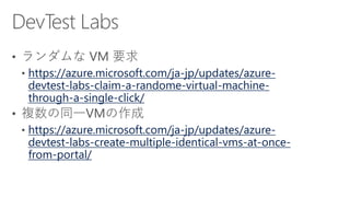 https://azure.microsoft.com/ja-jp/updates/azure-
devtest-labs-claim-a-randome-virtual-machine-
through-a-single-click/
https://azure.microsoft.com/ja-jp/updates/azure-
devtest-labs-create-multiple-identical-vms-at-once-
from-portal/
 