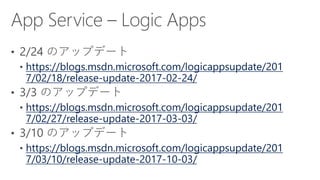 https://blogs.msdn.microsoft.com/logicappsupdate/201
7/02/18/release-update-2017-02-24/
https://blogs.msdn.microsoft.com/logicappsupdate/201
7/02/27/release-update-2017-03-03/
https://blogs.msdn.microsoft.com/logicappsupdate/201
7/03/10/release-update-2017-10-03/
 