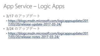 https://blogs.msdn.microsoft.com/logicappsupdate/201
7/03/20/release-update-2017-03-24/
https://blogs.msdn.microsoft.com/logicappsupdate/201
7/03/20/release-notes-2017-03-24/
 