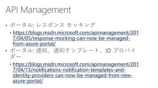 https://blogs.msdn.microsoft.com/apimanagement/201
7/04/05/response-mocking-can-now-be-managed-
from-azure-portal/
https://blogs.msdn.microsoft.com/apimanagement/201
7/04/13/notifications-notification-templates-and-
identity-providers-can-now-be-managed-from-new-
azure-portal/
 