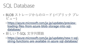 https://azure.microsoft.com/ja-jp/updates/preview-
loading-files-from-azure-blob-storage-into-sql-
database/
https://azure.microsoft.com/ja-jp/updates/new-t-sql-
string-functions-are-availabe-in-azure-sql-database/
 