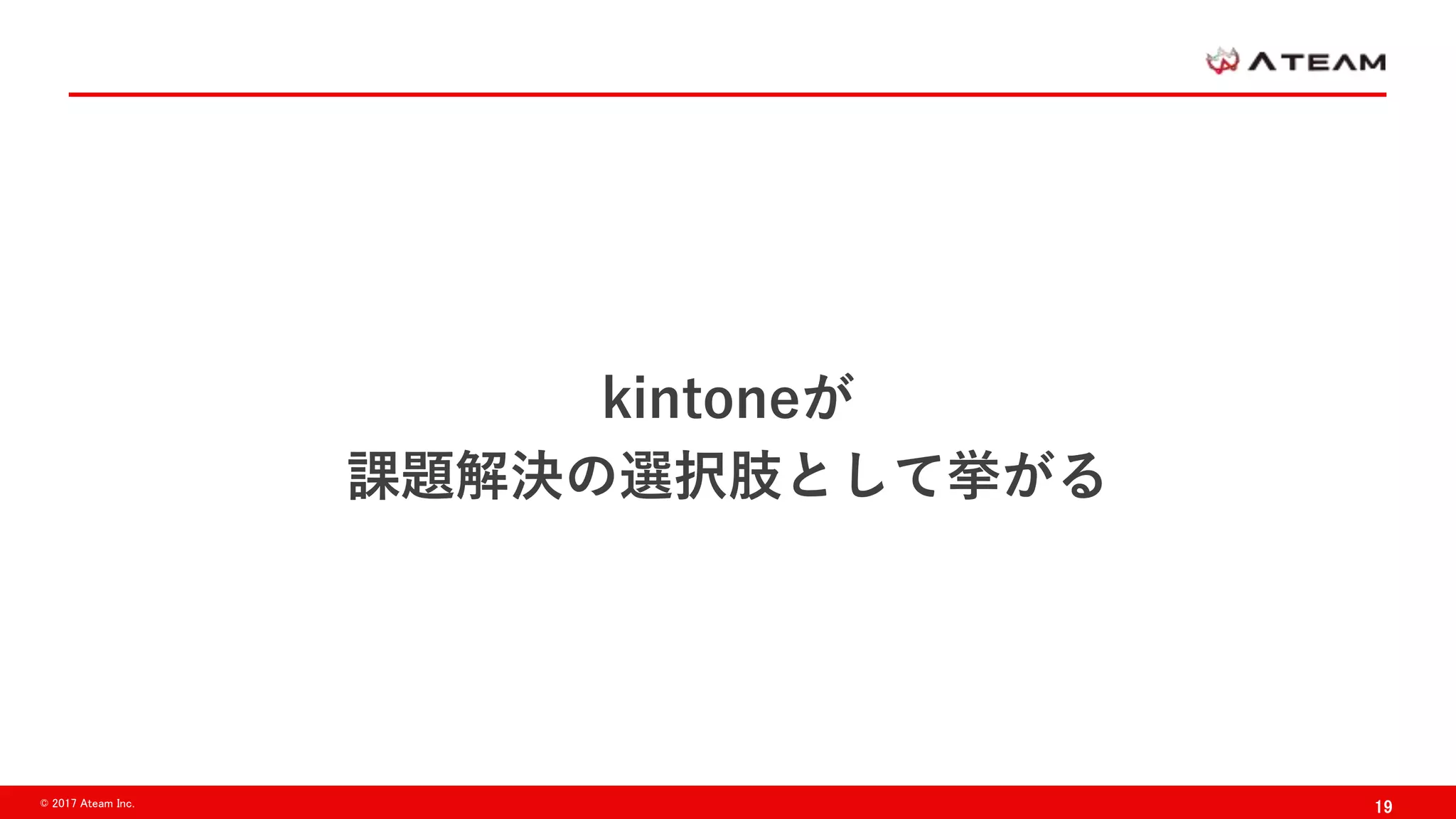 19© 2017 Ateam Inc.
kintoneが
課題解決の選択肢として挙がる
 