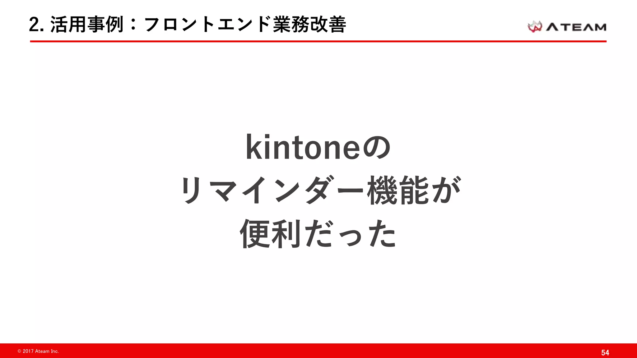 54© 2017 Ateam Inc.
2. 活用事例：フロントエンド業務改善
kintoneの
リマインダー機能が
便利だった
 