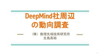 DeepMind社周辺
の動向調査
（株）数理先端技術研究所
生島高裕
1
 