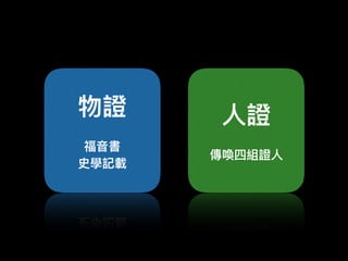 物證 
 
福⾳音書
史學記載
⼈人證
傳喚四組證⼈人
 