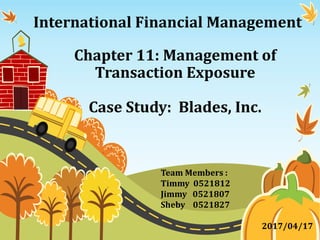 Chapter 11: Management of
Transaction Exposure
Case Study: Blades, Inc.
Team Members :
Timmy 0521812
Jimmy 0521807
Sheby 0521827
2017/04/17
International Financial Management
 