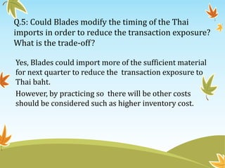 Q.5: Could Blades modify the timing of the Thai
imports in order to reduce the transaction exposure?
What is the trade-off?
Yes, Blades could import more of the sufficient material
for next quarter to reduce the transaction exposure to
Thai baht.
However, by practicing so there will be other costs
should be considered such as higher inventory cost.
 