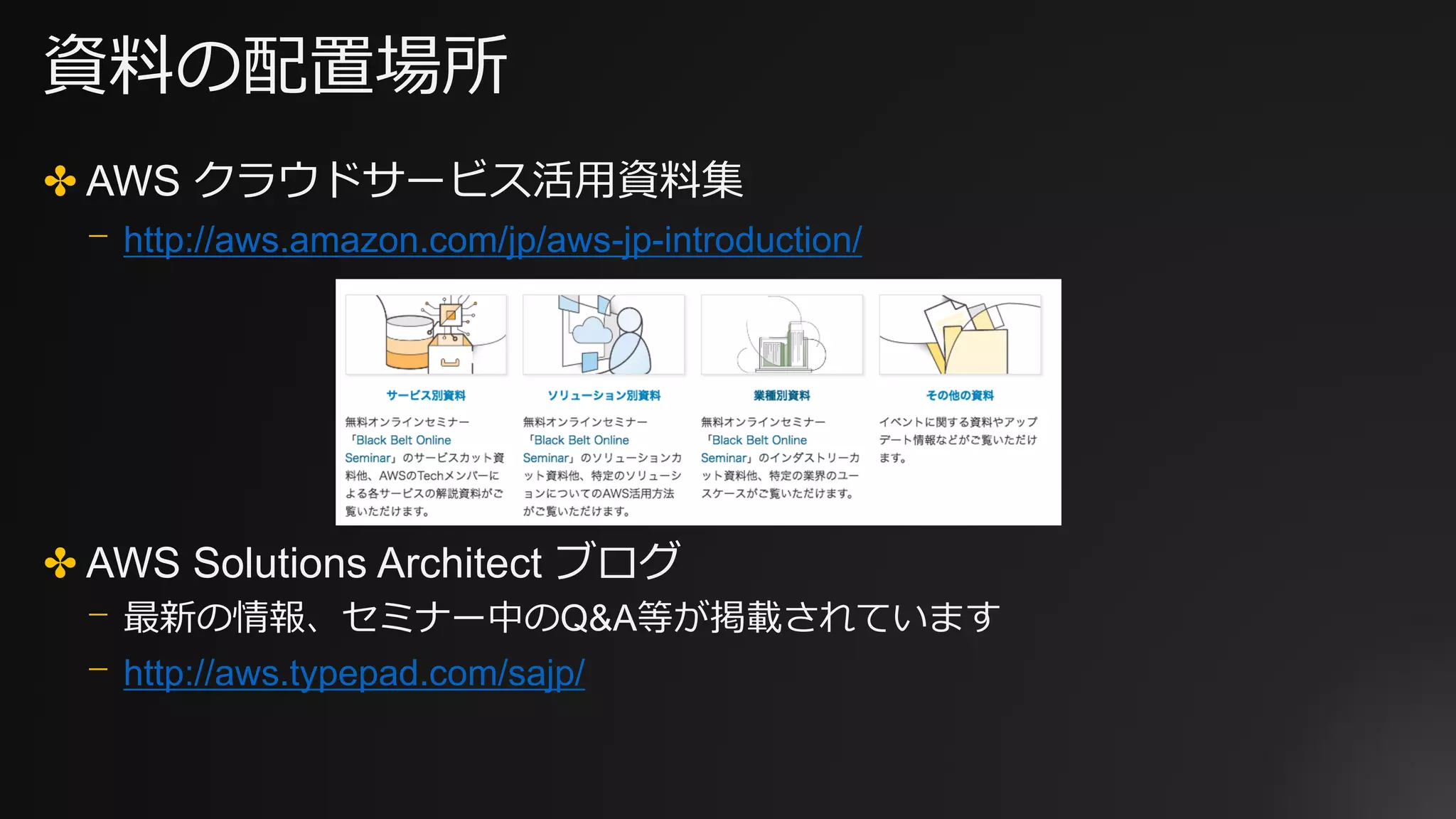 資料の配置場所
✤ AWS クラウドサービス活用資料集
⎻ http://aws.amazon.com/jp/aws-jp-introduction/
✤ AWS Solutions Architect ブログ
⎻ 最新の情報、セミナー中のQ&A等が掲載されています
⎻ http://aws.typepad.com/sajp/
 