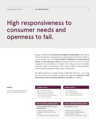 High responsiveness to
consumer needs and
openness to fail.
10The Digital Agility Study 2017 #01 AGILE EXECUTION
Strategy is important but execution wins digital transformation. After a period
of heavy investments in conceptualizing new digital products and business models,
we are now entering a time where fast execution embedded in a strong cultural
change, i.e. the openness to fail are becoming key drivers of success. Too many
companies have spent millions on strategic work, setting up heavy and complex
accelerator models, and investing in risky startups without creating sustainable
success. With many managers asking “why are we doing this”?
The Digital Leaders in our sample act differently. They have a very strong bias on
execution and on embracing a culture that supports the openness to fail and
actively reduces learning and failure anxieties (see exhibit 5).
EXHIBIT 5
Learning and survival anxieties as key
barriers in digital transformation
LEARNING ANXIETY
· Fear of losing power / position
· Fear of temporary incompetence
· Fear of subsequent punishment
· Fear of loss of personal identity and fear
of loss of group membership
SURVIVAL ANXIETY
· Fear of losing the job
· Fear of adapting too slowly
· Fear of not understanding the task
· Fear of consequence if no action
TASK TO LOWER LEARNING ANXIETY
Create psychological safety net to lower
learning anxiety by:
· communicating a compelling vision
· involving the learner beyond informal
training
· role modeling across all management levels
TASK TO GROW SURVIVAL ANXIETY
Drive willingness to act by:
· identifying the burning platform
· showing benefits of learning Agility and
impact on speed to market
· role modeling across all management levels
 