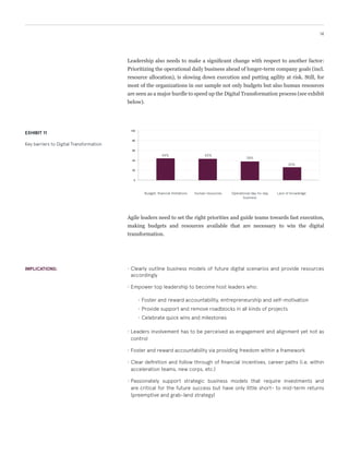 Leaders also need to make a significant change with respect to another behavior:
prioritizing the operational daily business at the expense of long-term company
goals (incl. resource allocation) is slowing down execution and putting agility at risk.
Yet, for most of the organizations in our sample, not only budgets but also human
resources are seen as a major hurdle to speed up the Digital Transformation process
(see exhibit below).
EXHIBIT 11
Key barriers to Digital Transformation
Budget, financial limitations
IMPLICATIONS: •	Specifically outline business models of future digital scenarios and allocate resources
accordingly
•	Empower top leadership to become host leaders who:
•	Foster and reward accountability, entrepreneurship and self-motivation
•	Provide support and remove roadblocks in all kinds of projects
•	Celebrate quick wins and milestones
14
Human resources Operational day-to-day
business
Lack of knowledge
Agile leaders need to set the right priorities and guide teams towards fast execution.
The necessary budgets and resources to sustain digital transformation must be
protected.
•	Leaders’ involvement has to be perceived as engagement and alignment yet not
as control
•	Foster and reward accountability by providing freedom within a framework
•	Clear definition and follow-through of financial incentives, and career paths
(i.e. within acceleration teams, new corps, etc.)
•	Leaders should impersonate business models that require investments and are
critical for long term success but with limited- and mid-term returns (preemptive
and grab-land strategy)
0
20
40
60
80
100
44% 43%
38%
26%
 