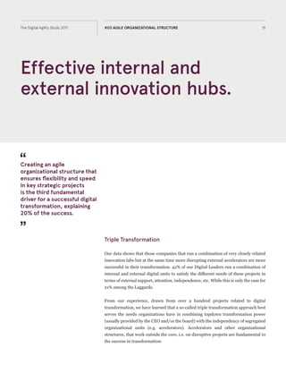 Effective internal and
external innovation hubs.
15The Digital Agility Study 2017 #03 AGILE ORGANIZATIONAL STRUCTURE
Triple Transformation
Our data shows that companies running a combination of internal innovation labs
and external accelerators are more successful in their transformation. 42% of Digital
Leaders run a combination of internal and external digital units. While this is only the
case for 21% of Digital Lagards.
Based on our experience of over a hundred projects related to digital transformation,
what we call the triple transformation approach best supports digital transformation
by combining managerial pull (usually provided by the CEO and/or the board) with
business unit push (e.g. accelerators). Triple transformation covers 1) the internal
core organization, 2) partially integrated units and 3) external units. Accelerators and
other organizational structures that work outside the core, i.e. on disruptive projects,
are fundamental to the success in transformation:
Creating an agile
organizational structure that
ensures flexibility and speed
in key strategic projects
is the third fundamental
driver for a successful digital
transformation, explaining
20% of the success.
 
