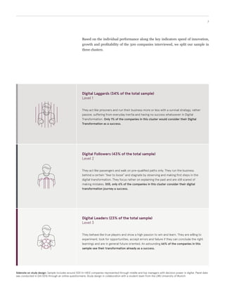 7
Digital Laggards (34% of the total sample)
Level 1
They act like prisoners and run their business more or less with a survival strategy, rather
passive, suffering from everyday inertia and having no success whatsoever in Digital
Transformation. Only 1% of the companies in this cluster would consider their Digital
Transformation as a success.
Digital Followers (43% of the total sample)
Level 2
They act like passengers and walk on pre-qualified paths only. They run the business
behind a certain “fear to loose” and make first steps in Digital Transformation by observing
in the Digital Transformation. They focus rather on explaining the past and are still scared
of making mistakes. Still, only 6% of the companies in this cluster consider their Digital
Transformation journey a success.
Digital Leaders (23% of the total sample)
Level 3
They behave like true players and show a high passion to win and learn. They are willing to
experiment, look for opportunities, accept errors and failure if they can conclude the right
learnings and are in general future-oriented. An astounding 66% of the companies in this
sample see their Digital Transformation already as a success.
Side note on study design: Sample includes around 500 (n=483) companies represented through middle and top managers with decision power in digital. Panel data
was conducted in Q4/2016 through an online questionnaire. Study design in collaboration with a graduate student team from the LMU University of Munich.
Based on the individual performance along the key indicators speed of innovation,
growth and profitability of the 500 companies interviewed, we split our sample in
three clusters.
 