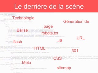 Technologie
Le derrière de la scène
Génération de
page
Meta
Balise
URL
HTML
.JS
CSS
flash
301
sitemap
robots.txt
 