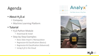 Agenda
• About H2O.ai
• Company
• Machine Learning Platform
• Tutorial
• H2O Python Module
• Download & Install
• Step-by-Step Examples:
• Basic Data Import / Manipulation
• Regression & Classification (Basics)
• Regression & Classification (Advanced)
• Using H2O in the Cloud
9
 