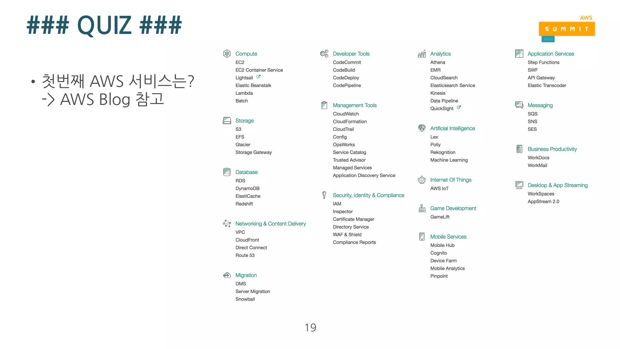 왜 AWS 인가?
•지속적으로 확장되는 기능, 제품군
19
 
