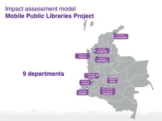9 departments
Fonseca
LA GUAJIRA
Ituango
ANTIOQUIA
Riosucio
CHOCÓ
Tierralta
CORDOBA
Caldono
CAUCA
Policarpa
NARIÑO
Planadas
TOLIMA
Mesetas
META
San Vicente
del Caguán
CAQUETÁ
Impact assessment model
Mobile Public Libraries Project
 