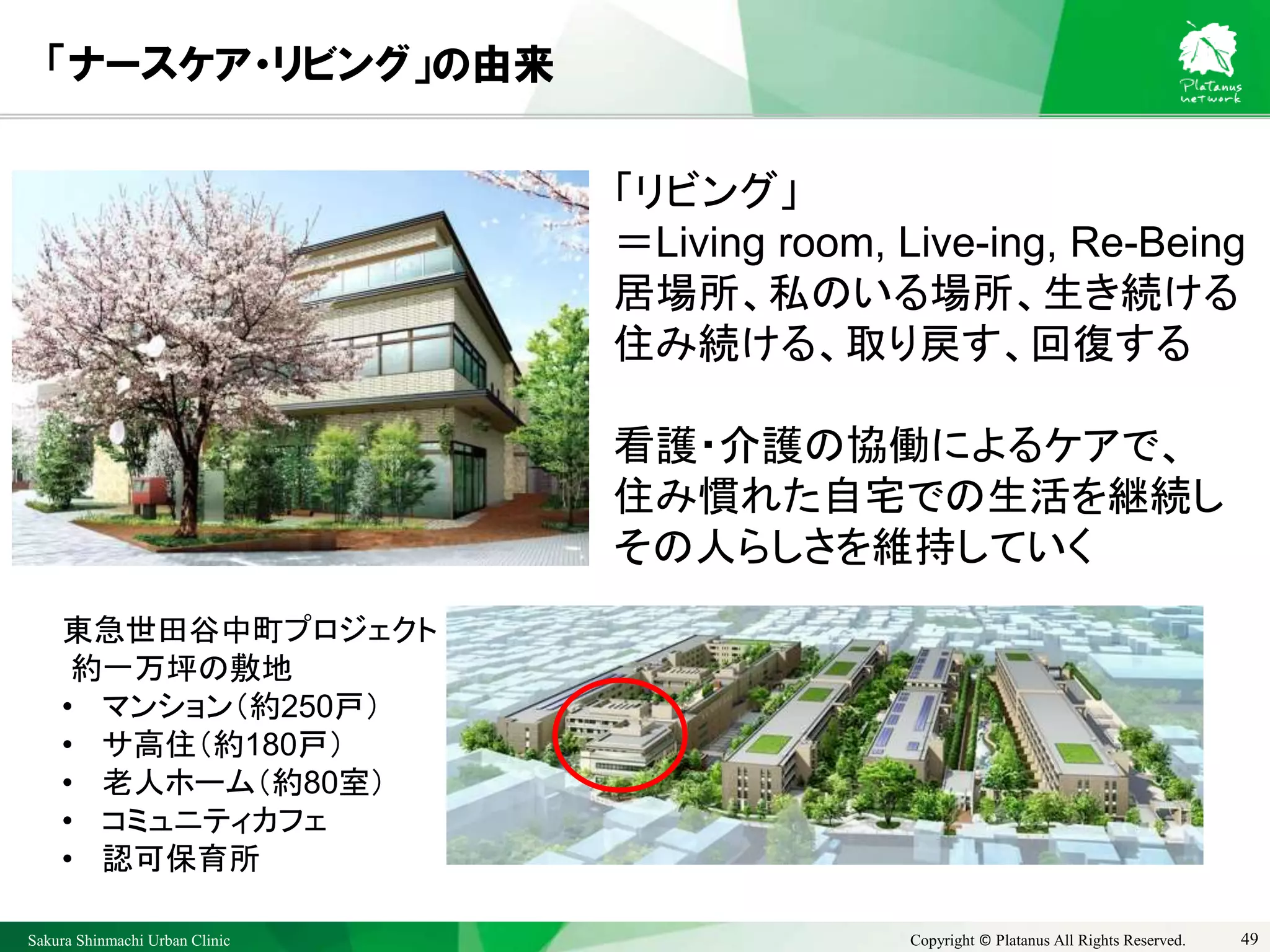 Sakura Shinmachi Urban Clinic Copyright © Platanus All Rights Reserved.
「ナースケア・リビング」の由来
49
「リビング」
＝Living room, Live-ing, Re-Being
居場所、私のいる場所、生き続ける
住み続ける、取り戻す、回復する
看護・介護の協働によるケアで、
住み慣れた自宅での生活を継続し
その人らしさを維持していく
東急世田谷中町プロジェクト
約一万坪の敷地
• マンション（約250戸）
• サ高住（約180戸）
• 老人ホーム（約80室）
• コミュニティカフェ
• 認可保育所
 