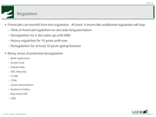 GATOR FINANCIAL PARTNERS
Regulation
 Financials can benefit from less regulation. At least, it seems like additional regulation will stop.
− Think of financial regulation on decade-long pendulum.
− Deregulation for 2 decades up until 2008.
− Heavy regulation for 10 years until now.
− Deregulation for at least 10 years going forward.
 Many areas of potential deregulation:
− Bank Supervision
− Dodd-Frank
− Volcker Rule
− DOL Fiduciary
− CCAR
− CFPB
− Durbin Amendment
− Student Lending
− Non-bank GSIF
− GSEs
PAGE 12
GATOR CAPITAL MANAGEMENT
 