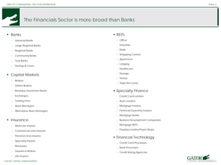 STRICTLY CONFIDENTIAL. NOT FOR DISTRIBUTION.
GATOR OPPORTUNITIES FUND
The Financials Sector is more broad than Banks
 Banks
− Universal Banks
− Large Regional Banks
− Regional Banks
− Community Banks
− Trust Banks
− Savings & Loans
 Capital Markets
− Brokers
− Online Brokers
− Boutique Investment Banks
− Exchanges
− Trading Firms
− Asset Managers
− Alternative Asset Managers
 Insurance
− Multi Line Insurers
− Commercial Lines Insurers
− Personal Lines Insurers
− Specialty Insurers
− Reinsurers
− Insurance Brokers
− Life Insurers
PAGE 6
 REITs
− Office
− Industrial
− Malls
− Shopping Centers
− Apartment
− Lodging
− Healthcare
− Storage
− Timber
− Triple Net Lease
 Specialty Finance
− Credit Card Lenders
− Auto Lenders
− Mortgage Insurers
− Financial Guaranty Insurers
− Mortgage Banks
− Business Development Companies
− Mortgage REITs
− Payday Lenders/Pawn Shops
 Financial Technology
− Credit Card Processors
− Bank Processors
− Credit Rating Agencies
GATOR CAPITAL MANAGEMENT
 