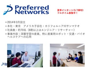 • 2014年3⽉設⽴
• 本社：東京 アメリカ⼦会社：カリフォルニア州サンマテオ
• 社員数：約70名（8割以上はエンジニア・リサーチャー）
• 事業内容：深層学習の産業、特に産業⽤ロボット・交通・バイオ
ヘルスケアへの応⽤
3
夏季インター...