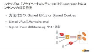 ステップ#3. （プライベートコンテンツ向け）CloudFront上のコ
ンテンツの権限設定
• 方法は２つ：Signed URLs or Signed Cookies
• Signed URLsはMarketing email
• Signed CookiesはStreaming, サイト認証
Region
Access Denied
Access Denied
 