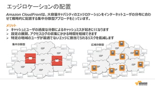 エッジロケーションの配置
Amazon CloudFrontは、大容量キャパシティのエッジロケーションをインターネットユーザの分布に合わ
せて戦略的に配置する集中分散型アプローチをとっています。
メリット
 キャッシュとユーザの過度な分散によるキャッシュミスが起きにくくなります
 設定の展開、アクセスログの収集にかかる時間を短縮できます
 特定の地域のユーザが最適でないエッジに割当てられるリスクを低減します
ISP
ISP
ISP
ISP
ISP
ISP
ISP
集中分散型
ISP
ISP
ISP
ISP
ISP
ISP
ISP
広域分散型
 