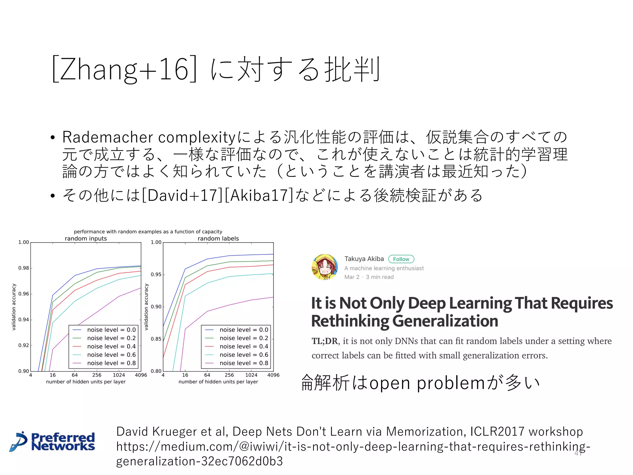 Uniform stabilityを⽤いた汎化性能の評価
[Hardt+15]
47
Hardt, Moritz, Benjamin Recht, and Yoram Singer. "Train faster, generalize better:
Stability of stochastic gradient descent." arXiv preprint arXiv:1509.01240(2015).
損失関数には有界性・Lipschitz性
とsmooth性しか仮定していない
（⾮凸関数（NNなど）でもよい）
ε-uniformly stableならば汎化
性能（の期待値）を評価できる
SGDで得られる予測モデルは
ε-uniformly stable
 