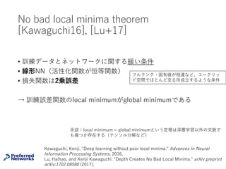 深層学習モデルの作る損失関数の
Local minima [Choromanska+15]
35
Choromanska, Anna, et al. "The Loss Surfaces of Multilayer
Networks." AISTATS. 2015.
 