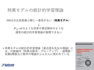 統計的推論
42
q
データ分布
サンプリング
(xi, yi) ~ q i.i.d
D ={(xi, yi)i=1,…,n}
推定
（訓練誤差最⼩解）
pθ
訓練データ
学習モデル
pθはqに「近い」か？
• n→∞ でpθ → qか？
• 収束のスピードは？
 