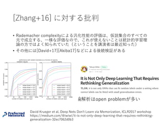 Uniform stabilityを⽤いた汎化性能の評価
[Hardt+15]
47
Hardt, Moritz, Benjamin Recht, and Yoram Singer. "Train faster, generalize better:
Stability of stochastic gradient descent." arXiv preprint arXiv:1509.01240(2015).
損失関数には有界性・Lipschitz性
とsmooth性しか仮定していない
（⾮凸関数（NNなど）でもよい）
ε-uniformly stableならば汎化
性能（の期待値）を評価できる
SGDで得られる予測モデルは
ε-uniformly stable
 