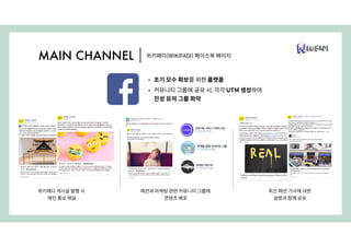 위키패디(WIKIFADI) 페이스북 페이지MAIN CHANNEL
• 초기 모수 확보를 위한 플랫폼
• 커뮤니티 그룹에 공유 시, 각각 UTM 생성하여
진성 유저 그룹 파악
위키패디 게시글 발행 시
메인 홍보 채널
패션과 마케팅 관련 커뮤니티 그룹에
콘텐츠 배포
최신 패션 기사에 대한
설명과 함께 공유
 