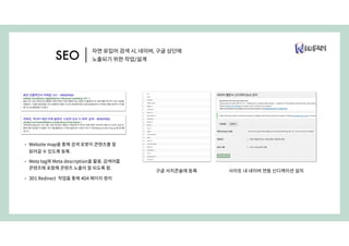 자연 유입어 검색 시, 네이버, 구글 상단에
노출되기 위한 작업/설계SEO
사이트 내 네이버 연동 신디케이션 설치구글 서치콘솔에 등록
• Website map을 통해 검색 로봇이 콘텐츠를 잘
읽어갈 수 있도록 등록.
• Meta tag와 Meta description을 활용, 검색어를
콘텐츠에 포함해 콘텐츠 노출이 잘 되도록 함.
• 301 Redirect 작업을 통해 404 페이지 정리
 