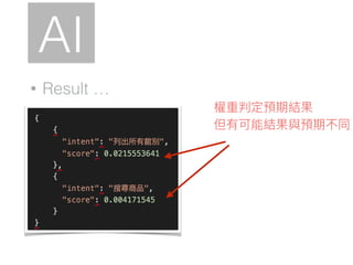 AI
• Result …
權重判定預期結果
但有可能結果與預期不同
 