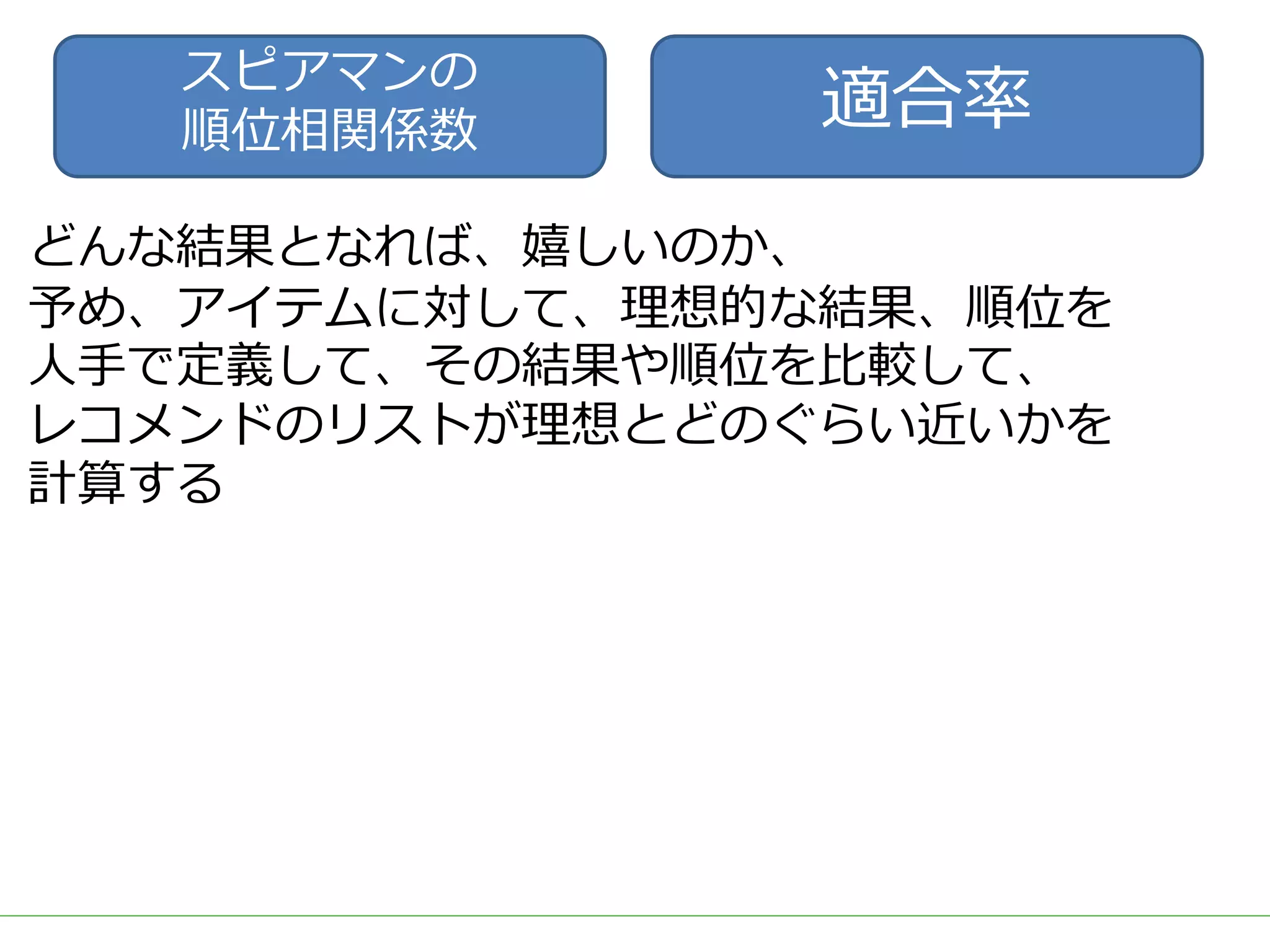どんな結果となれば、嬉しいのか、
予め、アイテムに対して、理想的な結果、順位を
⼈⼿で定義して、その結果や順位を⽐較して、
レコメンドのリストが理想とどのぐらい近いかを
計算する
適合率スピアマンの
順位相関係数
 