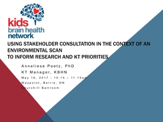 USING STAKEHOLDER CONSULTATION IN THE CONTEXT OF AN
ENVIRONMENTAL SCAN
TO INFORM RESEARCH AND KT PRIORITIES
A n n e l i e s e P o e t z , P h D
K T M a n a g e r , K B H N
M a y 1 6 , 2 0 1 7 - 1 0 : 1 5 – 1 1 : 1 5 a m
W a y p o i n t , B a r r i e , O N
C h u r c h i l l B a l l r o o m
 