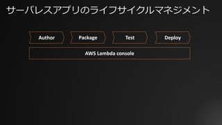 Author Package Test Deploy
AWS	Lambda	console
サーバレスアプリのライフサイクルマネジメント
 