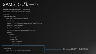 SAMテンプレート
AWSTemplateFormatVersion: '2010-09-09’
Transform: AWS::Serverless-2016-10-31
Resources:
GetHtmlFunction:
Type: AWS::Serverless::Function
Properties:
CodeUri: s3://flourish-demo-bucket/todo_list.zip
Handler: index.gethtml
Runtime: nodejs4.3
Policies: AmazonDynamoDBReadOnlyAccess
Events:
GetHtml:
Type: Api
Properties:
Path: /{proxy+}
Method: ANY
ListTable:
Type: AWS::Serverless::SimpleTable
DynamoDBのテーブルを作成
 