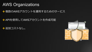 AWS Organizations
✤ 複数のAWSアカウントを運⽤するためのサービス
✤ APIを使⽤してAWSアカウントを作成可能
✤ 追加コストなし。
 